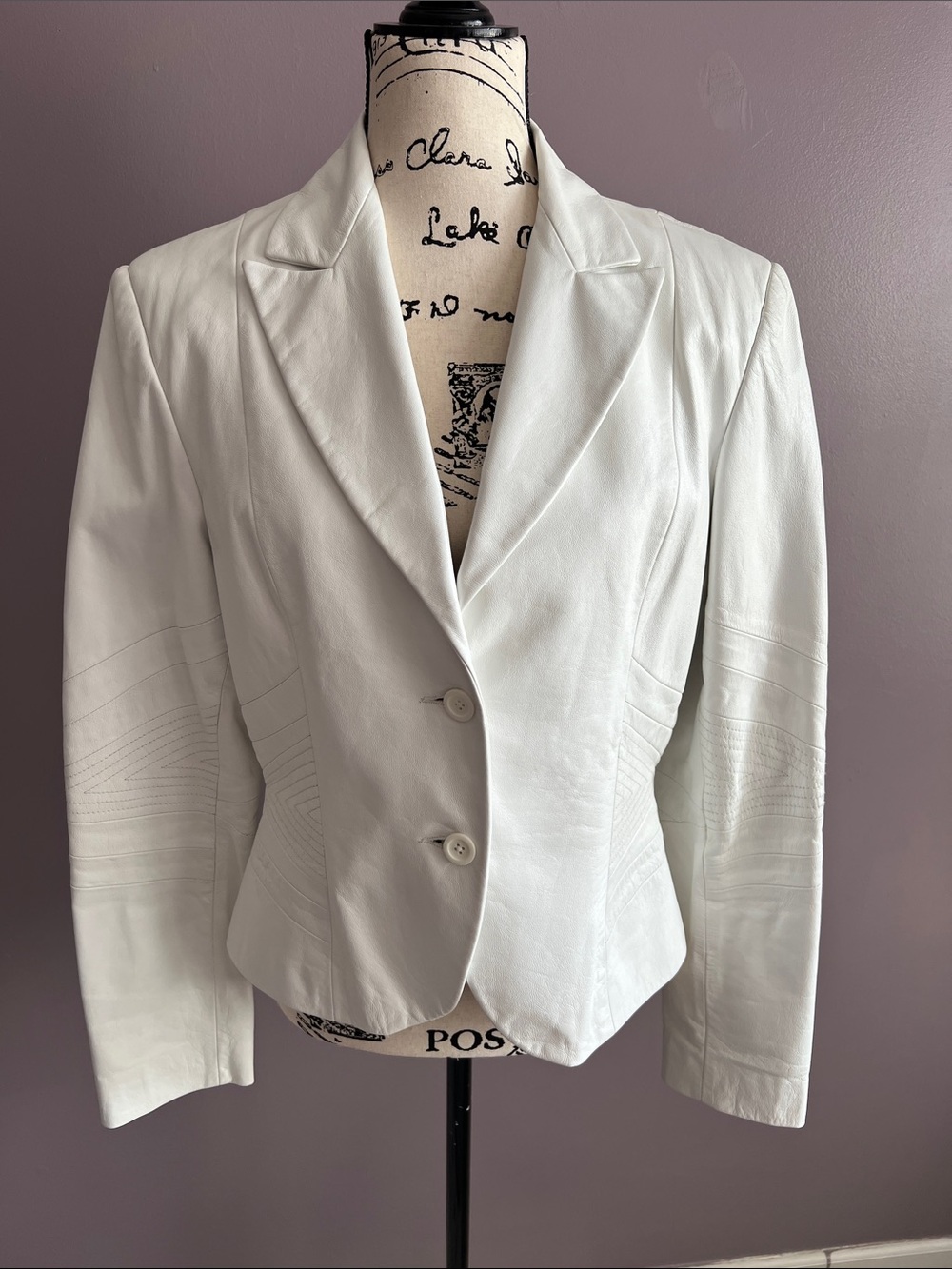 White Women's Tailored Leather Blazer Jacket - Classic Two-Button Style
